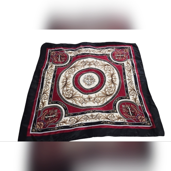 Vintage 1980s Silk Heraldic Shield Versace Style Large Sqaure Scarf. Red/Black. - Picture 2 of 11